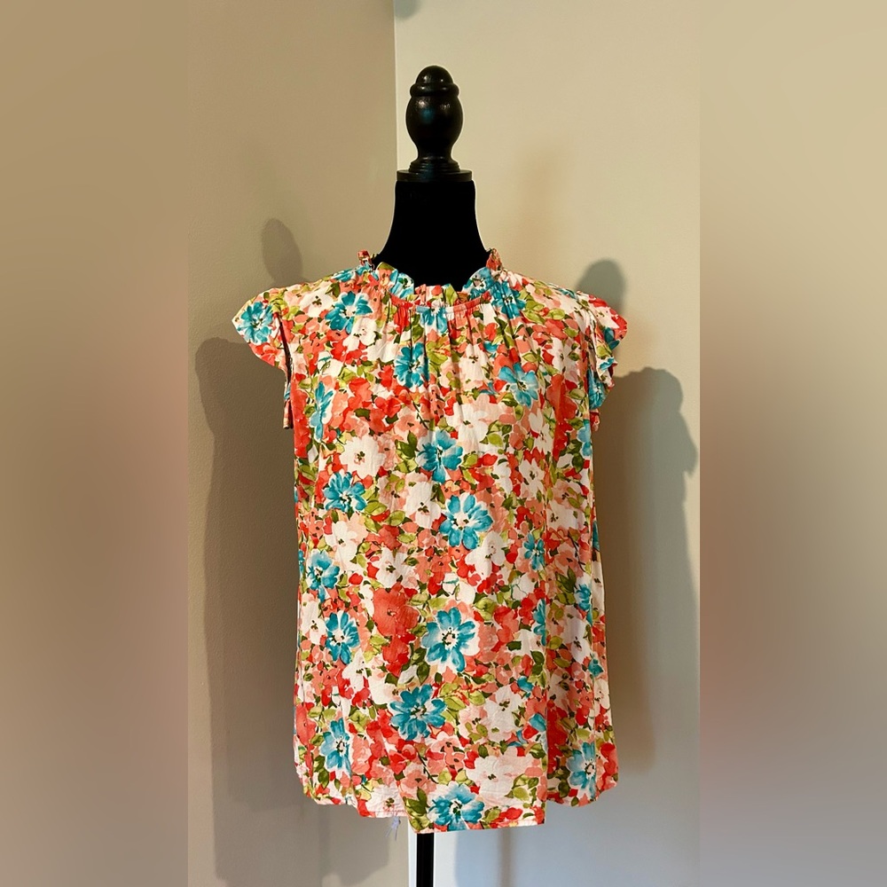 ADORA Floral Ruffle Sleeve Blouse - Red, Blue, White